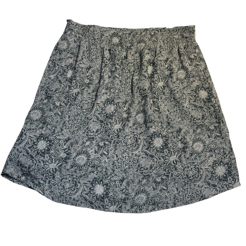 LOFT Mini Skirt Small Blue Grey Floral pattern White Boho Lined Smocked Waist